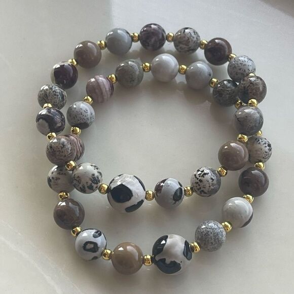 Hand crafted picture Jasper cow print stone crystal ONE NEW stretch bracelet - Picture 2 of 9